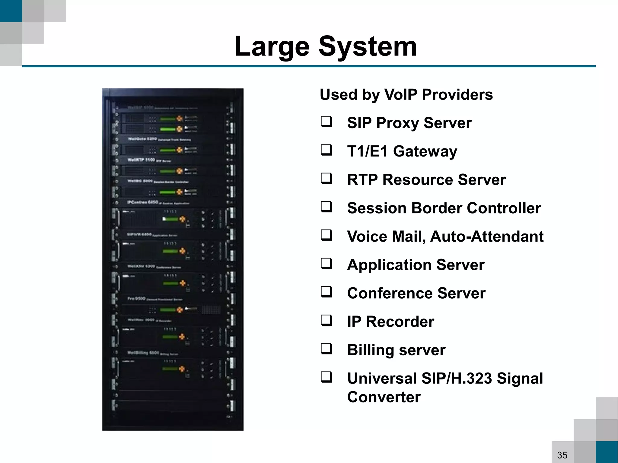 Large System
     Used by VoIP Providers
      SIP Proxy Server
      T1/E1 Gateway
      RTP Resource Server
      Session Border Controller
      Voice Mail, Auto-Attendant
      Application Server
      Conference Server
      IP Recorder
      Billing server
      Universal SIP/H.323 Signal
       Converter


                                    35
 