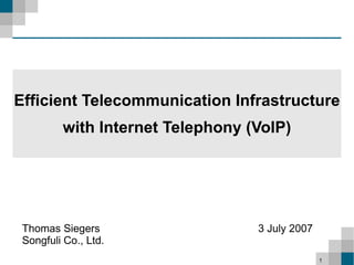 Efficient Telecommunication Infrastructure
         with Internet Telephony (VoIP)




 Thomas Siegers                   3 July 2007
 Songfuli Co., Ltd.
                                                1
 