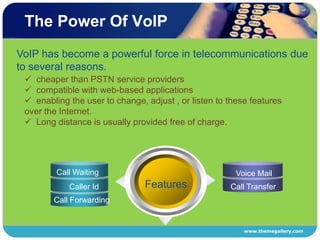Disadvantages of VoIPINTRODUCTIONVoice over Internet Protocol (VoIP) is a transmission technology for delivery of voice communications over IP networks.
