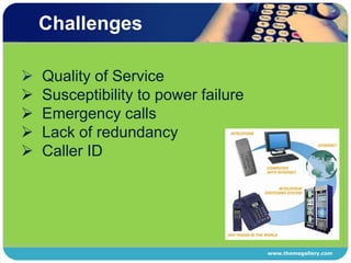 With VoIP, we can make a call from anywhere we have broadband connectivity.VoIP Overlay Routing SchemeOverlay Network ArchitectureA VoIP overlay network (VoON) consists of VoIP endpoints, edge nodes and relay nodesIntegration into Call SignalingSignaling phase can be used by a VoON to determine the most suitable path for the media streams of a call. Measurements-- The quality of service on candidate routes needs to be determined at the time a routing decision is made --The quality of a call in progress needs to be monitored.