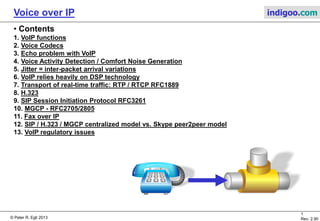 © Peter R. Egli 2015
1/54
Rev. 3.20
Voice over IP indigoo.com
Peter R. Egli
INDIGOO.COM
OVERVIEW OF VOICE OVER IP TECHNOLOGIES,
NETWORK ARCHITECTURES AND PROTOCOLS
VoIPVOICE OVER IP
 