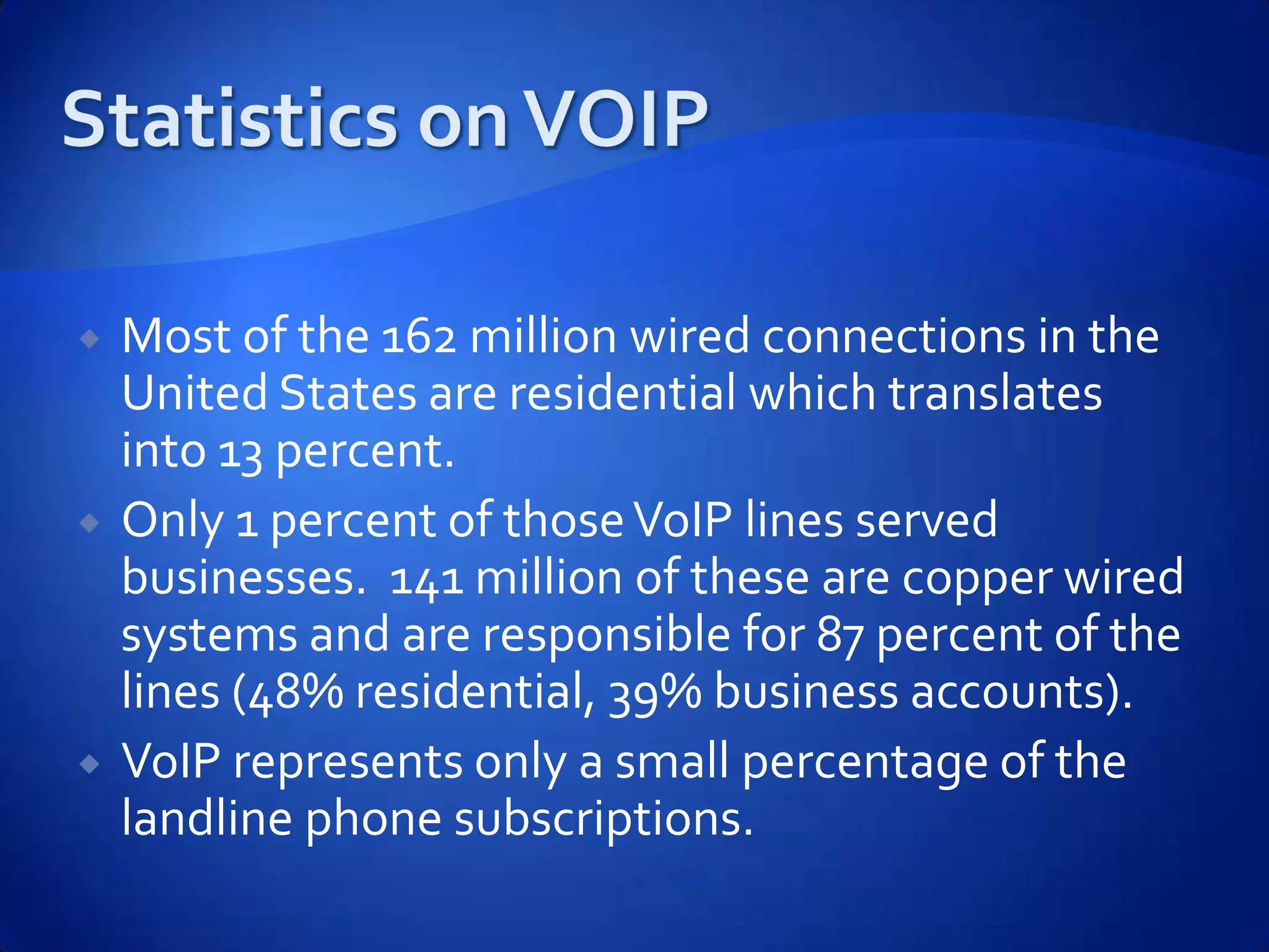    Most of the 162 million wired connections in the
    United States are residential which translates
    into 13 percent.
   Only 1 percent of those VoIP lines served
    businesses. 141 million of these are copper wired
    systems and are responsible for 87 percent of the
    lines (48% residential, 39% business accounts).
   VoIP represents only a small percentage of the
    landline phone subscriptions.
 