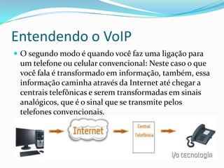 Entendendo o VoIP
 O segundo modo é quando você faz uma ligação para
 um telefone ou celular convencional: Neste caso o que
 você fala é transformado em informação, também, essa
 informação caminha através da Internet até chegar a
 centrais telefônicas e serem transformadas em sinais
 analógicos, que é o sinal que se transmite pelos
 telefones convencionais.
 