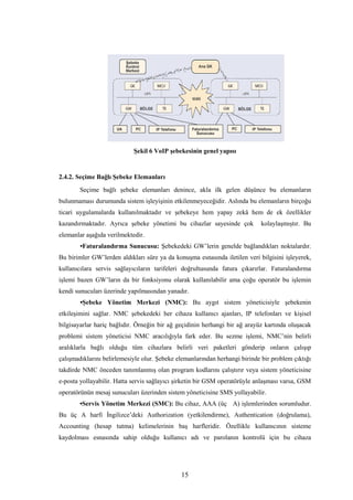 15
Şekil 6 VoIP şebekesinin genel yapısı
2.4.2. Seçime Bağlı Şebeke Elemanları
Seçime bağlı şebeke elemanları denince, akla ilk gelen düşünce bu elemanların
bulunmaması durumunda sistem işleyişinin etkilenmeyeceğidir. Aslında bu elemanların birçoğu
ticari uygulamalarda kullanılmaktadır ve şebekeye hem yapay zekâ hem de ek özellikler
kazandırmaktadır. Ayrıca şebeke yönetimi bu cihazlar sayesinde çok kolaylaşmıştır. Bu
elemanlar aşağıda verilmektedir.
•Faturalandırma Sunucusu: Şebekedeki GW’lerin genelde bağlandıkları noktalardır.
Bu birimler GW’lerden aldıkları süre ya da konuşma esnasında iletilen veri bilgisini işleyerek,
kullanıcılara servis sağlayıcıların tarifeleri doğrultusunda fatura çıkarırlar. Faturalandırma
işlemi bazen GW’ların da bir fonksiyonu olarak kullanılabilir ama çoğu operatör bu işlemin
kendi sunucuları üzerinde yapılmasından yanadır.
•Şebeke Yönetim Merkezi (NMC): Bu aygıt sistem yöneticisiyle şebekenin
etkileşimini sağlar. NMC şebekedeki her cihaza kullanıcı ajanları, IP telefonları ve kişisel
bilgisayarlar hariç bağlıdır. Örneğin bir ağ geçidinin herhangi bir ağ arayüz kartında oluşacak
problemi sistem yöneticisi NMC aracılığıyla fark eder. Bu sezme işlemi, NMC’nin belirli
aralıklarla bağlı olduğu tüm cihazlara belirli veri paketleri gönderip onların çalışıp
çalışmadıklarını belirlemesiyle olur. Şebeke elemanlarından herhangi birinde bir problem çıktığı
takdirde NMC önceden tanımlanmış olan program kodlarını çalıştırır veya sistem yöneticisine
e-posta yollayabilir. Hatta servis sağlayıcı şirketin bir GSM operatörüyle anlaşması varsa, GSM
operatörünün mesaj sunucuları üzerinden sistem yöneticisine SMS yollayabilir.
•Servis Yönetim Merkezi (SMC): Bu cihaz, AAA (üç A) işlemlerinden sorumludur.
Bu üç A harfi İngilizce’deki Authorization (yetkilendirme), Authentication (doğrulama),
Accounting (hesap tutma) kelimelerinin baş harfleridir. Özellikle kullanıcının sisteme
kaydolması esnasında sahip olduğu kullanıcı adı ve parolanın kontrolü için bu cihaza
 