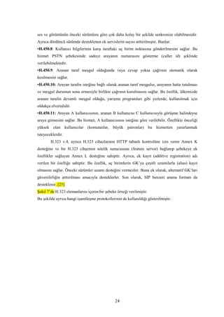 24
ses ve görüntünün önceki sürümlere göre çok daha kolay bir şekilde senkronize olabilmesidir.
Ayrıca dördüncü sürümde desteklenen ek servislerin sayısı arttırılmıştır. Bunlar:
•H.450.8: Kullanıcı bilgilerinin karşı taraftaki uç birim noktasına gönderilmesini sağlar. Bu
hizmet PSTN şebekesinde sadece arayanın numarasını gösterme (caller id) şeklinde
verilebilmektedir.
•H.450.9: Aranan taraf meşgul olduğunda veya cevap yoksa çağrının otomatik olarak
kesilmesini sağlar.
•H.450.10: Arayan tarafın isteğine bağlı olarak aranan taraf meşgulse, arayanın hatta tutulması
ve meşgul durumun sona ermesiyle birlikte çağrının kurulmasını sağlar. Bu özellik, ülkemizde
aranan tarafın devamlı meşgul olduğu, yarışma programları gibi yerlerde, kullanılmak için
oldukça elverişlidir.
•H.450.11: Arayan A kullanıcısının, aranan B kullanıcısı C kullanıcısıyla görüşme halindeyse
araya girmesini sağlar. Bu hizmet, A kullanıcısının isteğine göre verilebilir. Özellikle önceliği
yüksek olan kullanıcılar (komutanlar, büyük patronlar) bu hizmetten yararlanmak
isteyeceklerdir.
H.323 v.4, ayrıca H.323 cihazlarının HTTP tabanlı kontrolüne izin veren Annex K
desteğine ve bir H.323 cihazının nitelik sunucusuna (feature server) bağlanıp şebekeye ek
özellikler sağlayan Annex L desteğine sahiptir. Ayrıca, ek kayıt (additive registration) adı
verilen bir özelliğe sahiptir. Bu özellik, uç birimlerin GK’ya çeşitli uzantılarla (alias) kayıt
olmasını sağlar. Önceki sürümler uzantı desteğini vermezler. Buna ek olarak, alternatif GK’ları
güvenilirliğin arttırılması amacıyla desteklerler. Son olarak, SIP benzeri arama formatı da
desteklenir. [25]
Şekil 7’de H.323 elemanlarını içeren bir şebeke örneği verilmiştir.
Bu şekilde ayrıca hangi işaretleşme protokollerinin de kullanıldığı gösterilmiştir.
 