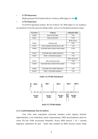 8
− G.728 Sıkıştırması
Düşük gecikmeli CELP kullanır.Bit hızı 16 kbit/sn, MOS değeri 4,1 dir. [8]
− G.729 Sıkıştırması
CS-ACELP algoritması kullanır. Bit hızı 8 kbit/sn ’dir. MOS değeri 4,1 dir. Kodlayıcı
ses işaretlerini 10 ms’lik çerçeveler halinde kodlar. Ayrıca 5 ms lik aktarım gecikmesi oluşur.
Tablo 3 G.729 Bit Paketlemesi
Şekil 3 G.729 Bit Dizilişi
2.3.3. Çeşitli Kodlamalar İçin Ses Kalitesi
Uzun yıllar süren araştırmalar sonucunda insanların sesleri algılayış biçimleri
değerlendirilmiş ve bir notlandırma sistemi oluşturulmuştur. MOS derecelendirmesi denen bu
sistem ITU’nun P.800 tavsiyesinde bulunabilir. Kısaca MOS derecesi 5 ile 1 arasında
değişirken, müşterilerin bu işten tatmin olma yüzdeleri de MOS sayısıyla orantılı olarak
 