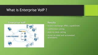 What is Enterprise VoIP ?
Enterprise VoIP Results
• branch exchange (PBX) capabilities
• conference calling
• desk-to-desk calling
• music on hold and automated
attendants
 