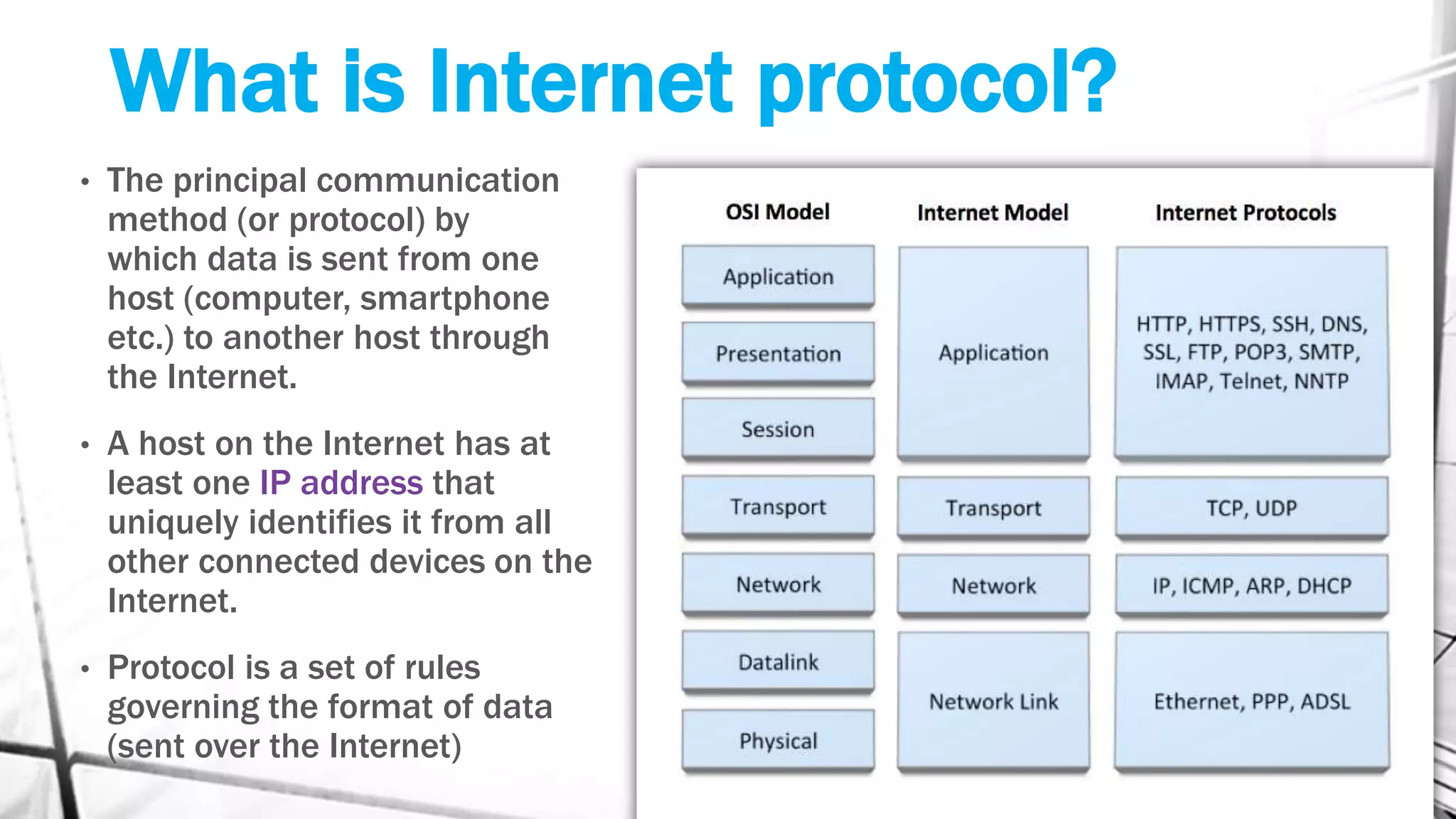 What is Internet protocol?
• The principal communication
method (or protocol) by
which data is sent from one
host (computer, smartphone
etc.) to another host through
the Internet.
• A host on the Internet has at
least one IP address that
uniquely identifies it from all
other connected devices on the
Internet.
• Protocol is a set of rules
governing the format of data
(sent over the Internet)
 