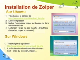 Installation de Zoiper
1. Télécharger le pakage de
http://www.zoiper.com/download_list.php
2. Le décompresser
3. Mettre l’executable zoiper sur bureau ou dans
un autre dossier
4. Le lancer ( si ça n’a pas marché , il faut faire
chmod +x zoiper et relancer).
1. Télécharger le logiciel du
http://www.zoiper.com/download_list.php
2. Il suffit de suivre l’assistant d’installation :
next , choix du dossier , install …
 