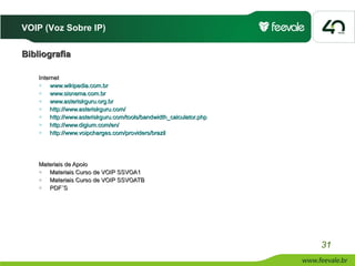 VOIP (Voz Sobre IP)

Bibliografia

    Internet
        www.wikipedia.com.br
        www.sisnema.com.br
        www.asteriskguru.org.br
        http://www.asteriskguru.com/
        http://www.asteriskguru.com/tools/bandwidth_calculator.php
        http://www.digium.com/en/
        http://www.voipcharges.com/providers/brazil




    Materiais de Apoio
      Materiais Curso de VOIP SSVOA1
      Materiais Curso de VOIP SSVOATB
      PDF´S




                                                                      31
 
