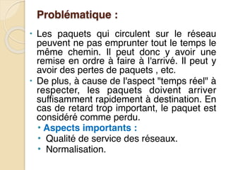 Problématique :
• Les paquets qui circulent sur le réseau
peuvent ne pas emprunter tout le temps le
même chemin. Il peut donc y avoir une
remise en ordre à faire à l'arrivé. Il peut y
avoir des pertes de paquets , etc.
• De plus, à cause de l'aspect "temps réel" à
respecter, les paquets doivent arriver
suffisamment rapidement à destination. En
cas de retard trop important, le paquet est
considéré comme perdu.
• Aspects importants :
• Qualité de service des réseaux.
• Normalisation.
 