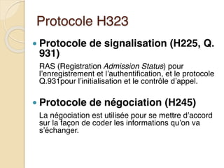 Protocole H323
● Protocole de signalisation (H225, Q.
931)
RAS (Registration Admission Status) pour
l’enregistrement et l’authentification, et le protocole
Q.931pour l’initialisation et le contrôle d’appel.
● Protocole de négociation (H245)
La négociation est utilisée pour se mettre d’accord
sur la façon de coder les informations qu’on va
s’échanger.
 