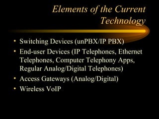 Elements of the Current Technology Switching Devices (unPBX/IP PBX) End-user Devices (IP Telephones, Ethernet Telephones, Computer Telephony Apps, Regular Analog/Digital Telephones) Access Gateways (Analog/Digital) Wireless VoIP 