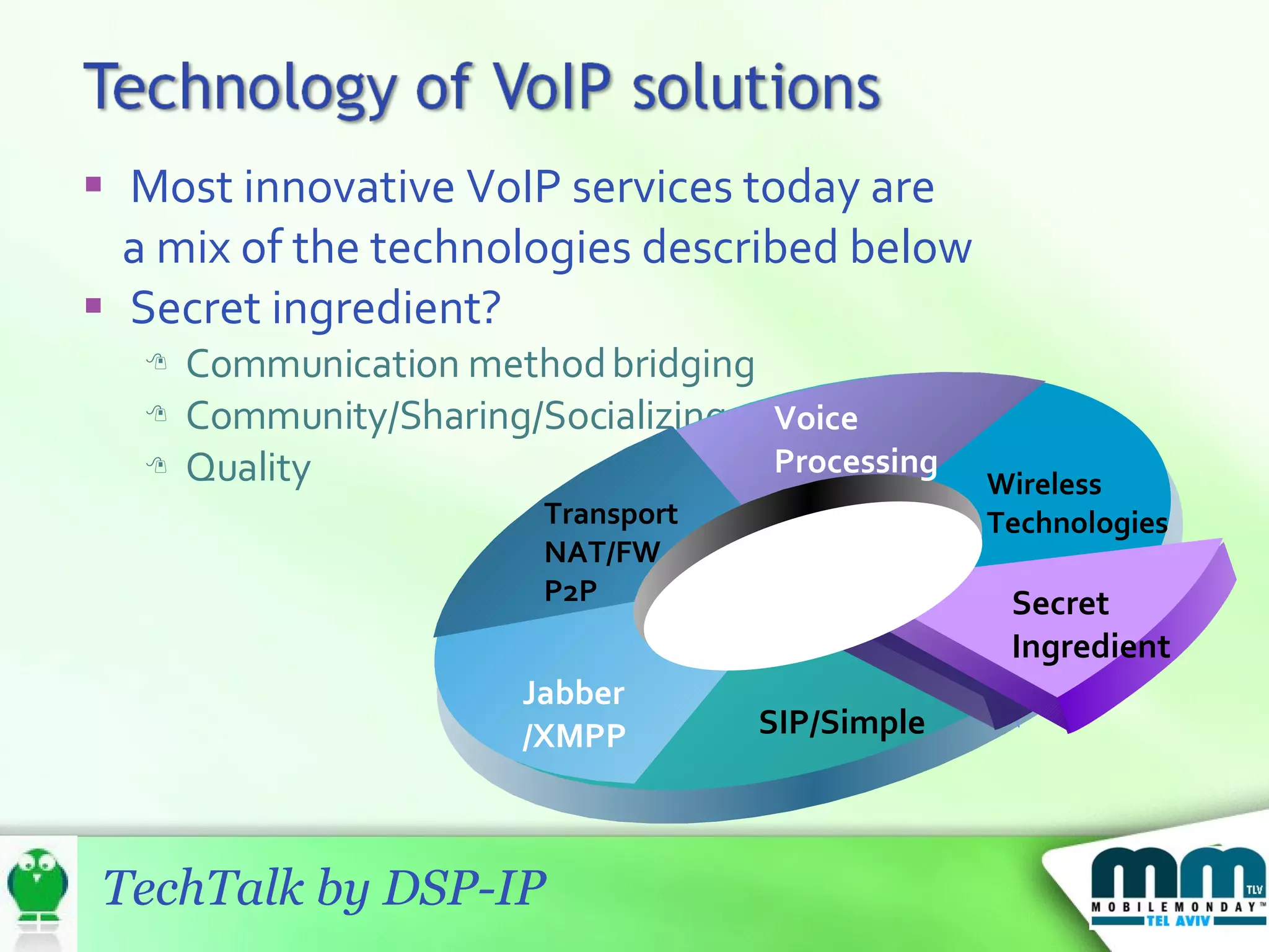 Most innovative VoIP services today are  a mix of the technologies described below Secret ingredient? Communication method bridging Community/Sharing/Socializing Quality Wireless Technologies Voice  Processing Transport NAT/FW P2P Jabber /XMPP SIP/Simple Secret  Ingredient 