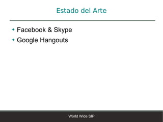 Estado del Arte

➔   Facebook & Skype
➔   Google Hangouts




                      World Wide SIP
 