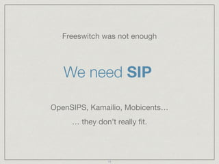 Freeswitch was not enough 
We need SIP 
OpenSIPS, Kamailio, Mobicents… 
… they don’t really fit. 
11 
 