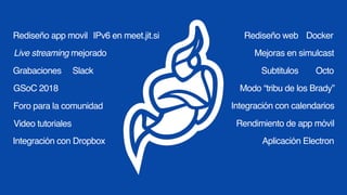 Rediseño app movil
Live streaming mejorado
Integración con calendarios
Grabaciones Slack Subtitulos
IPv6 en meet.jit.si
GSoC 2018
Rediseño web Docker
Video tutoriales
Foro para la comunidad
Integración con Dropbox
Modo “tribu de los Brady”
Octo
Mejoras en simulcast
Rendimiento de app móvil
Aplicación Electron
 