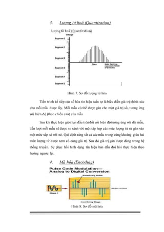 3. Lượng tử hoá (Quantization)
Hình 7. Sơ đồ lượng tử hóa
Tiến trình kế tiếp của số hóa tín hiệu tuần tự là biểu diễn giá trị chính xác
cho mỗi mẫu được lấy. Mỗi mẫu có thế được gán cho một giá trị số, tương ứng
với biên độ (theo chiều cao) của mẫu.
Sau khi thực hiện giới hạn đầu tiênđối với biên độtương ứng với dải mẫu,
đến lượt mỗi mẫu sẽ được so sánh với một tập họp các mức lượng tử và gán vào
một mức xấp xỉ với nó. Qui định rằng tất cả các mẫu trong cùng khoảng giữa hai
mức lượng tử được xem có cùng giá trị. Sau đó giá trị gán được dùng trong hệ
thống truyền. Sự phục hồi hình dạng tín hiệu ban đầu đòi hỏi thực hiện theo
hướng ngược lại.
4. Mã hóa (Encoding)
Hình 8. Sơ đồ mã hóa
 