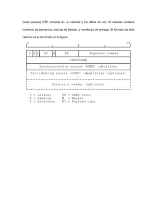 Cada paquete RTP consiste en un cabezal y los datos de voz. El cabezal contiene
números de secuencia, marcas de tiempo, y monitoreo de entrega. El formato de éste
cabezal es el mostrado en la figura
 