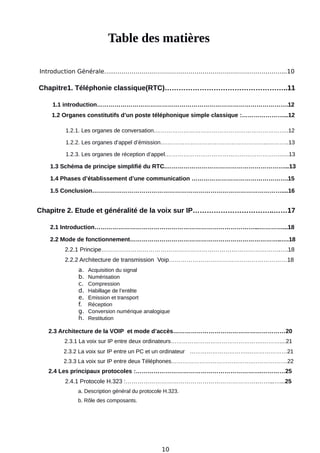 Table des matières
Introduction Générale…...…………………………………………………………………………...10
Chapitre1. Téléphonie classique(RTC)……………………………………………..11
1.1 introduction…………………………………………………………………………………….12
1.2 Organes constitutifs d’un poste téléphonique simple classique :…………………...12
1.2.1. Les organes de conversation.……………………………………………………………..12
1.2.2. Les organes d’appel d’émission.………………………………………………...………..13
1.2.3. Les organes de réception d’appel.……………………………………………………......13
1.3 Schéma de principe simplifié du RTC.……………………………………………………...13
1.4 Phases d’établissement d’une communication ………………………………………….15
1.5 Conclusion……………………………………………………………………………………....16
Chapitre 2. Etude et généralité de la voix sur IP……………………………..……17
2.1 Introduction………………………………………………………………………...…………...18
2.2 Mode de fonctionnement…………………………………………………………………..….18
2.2.1 Principe……………………………………………………………………………….….18
2.2.2 Architecture de transmission Voip……………………………………………………18
a. Acquisition du signal
b. Numérisation
c. Compression
d. Habillage de l’entête
e. Emission et transport
f. Réception
g. Conversion numérique analogique
h. Restitution
2.3 Architecture de la VOIP et mode d’accès…………………………………………………20
2.3.1 La voix sur IP entre deux ordinateurs………………………………………….………....21
2.3.2 La voix sur IP entre un PC et un ordinateur ………………………….…………………21
2.3.3 La voix sur IP entre deux Téléphones…………………………………….……………….22
2.4 Les principaux protocoles :……………………………………………………….…………25
2.4.1 Protocole H.323 :………………………………………………………….……...…...25
a. Description général du protocole H.323.
b. Rôle des composants.
10
 