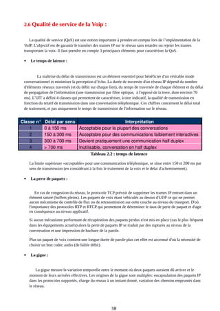 2.6 Qualité de service de la Voip :
La qualité de service (QoS) est une notion importante à prendre en compte lors de l’implémentation de la
VoIP. L'objectif est de garantir le transfert des trames IP sur le réseau sans retarder ou rejeter les trames
transportant la voix. Il faut prendre en compte 3 principaux éléments pour caractériser la QoS.
 Le temps de latence :
La maîtrise du délai de transmission est un élément essentiel pour bénéficier d'un véritable mode
conversationnel et minimiser la perception d’écho. La durée de traversée d'un réseau IP dépend du nombre
d'éléments réseaux traversés (et du débit sur chaque lien), du temps de traversée de chaque élément et du délai
de propagation de l'information (une transmission par fibre optique, à l'opposé de la terre, dure environ 70
ms). L'UIT a défini 4 classes qui permettent de caractériser, à titre indicatif, la qualité de transmission en
fonction du retard de transmission dans une conversation téléphonique. Ces chiffres concernent le délai total
de traitement, et pas uniquement le temps de transmission de l'information sur le réseau.
Tableau 2.2 : temps de latence
La limite supérieure «acceptable» pour une communication téléphonique, se situe entre 150 et 200 ms par
sens de transmission (en considérant à la fois le traitement de la voix et le délai d'acheminement).
 La perte de paquets :
En cas de congestion du réseau, le protocole TCP prévoit de supprimer les trames IP entrant dans un
élément saturé (buffers pleins). Les paquets de voix étant véhiculés au dessus d'UDP ce qui ne permet
aucun mécanisme de contrôle de flux ou de retransmission sur cette couche au niveau du transport. D'où
l'importance des protocoles RTP et RTCP qui permettent de déterminer le taux de perte de paquet et d'agir
en conséquence au niveau applicatif.
Si aucun mécanisme performant de récupération des paquets perdus n'est mis en place (cas le plus fréquent
dans les équipements actuels) alors la perte de paquets IP se traduit par des ruptures au niveau de la
conversation et une impression de hachure de la parole.
Plus un paquet de voix contient une longue durée de parole plus cet effet est accentué d'où la nécessité de
choisir un bon codec audio (de faible débit).
 La gigue :
La gigue mesure la variation temporelle entre le moment où deux paquets auraient dû arriver et le
moment de leurs arrivées effectives. Les origines de la gigue sont multiples: encapsulation des paquets IP
dans les protocoles supportés, charge du réseau à un instant donné, variation des chemins empruntés dans
le réseau.
38
 