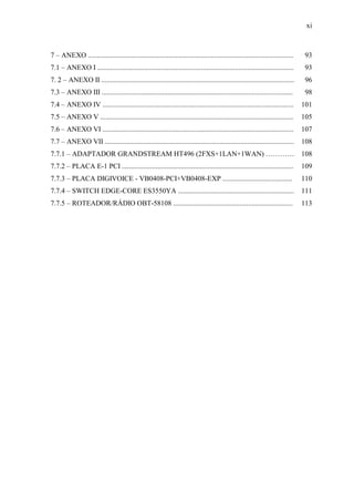 xi
7 – ANEXO ................................................................................................................... 93
7.1 – ANEXO I .............................................................................................................. 93
7. 2 – ANEXO II ............................................................................................................ 96
7.3 – ANEXO III ........................................................................................................... 98
7.4 – ANEXO IV ........................................................................................................... 101
7.5 – ANEXO V ............................................................................................................ 105
7.6 – ANEXO VI ........................................................................................................... 107
7.7 – ANEXO VII .......................................................................................................... 108
7.7.1 – ADAPTADOR GRANDSTREAM HT496 (2FXS+1LAN+1WAN) ………… 108
7.7.2 – PLACA E-1 PCI ................................................................................................ 109
7.7.3 – PLACA DIGIVOICE - VB0408-PCI+VB0408-EXP ....................................... 110
7.7.4 – SWITCH EDGE-CORE ES3550YA ................................................................. 111
7.7.5 – ROTEADOR/RÁDIO OBT-58108 ................................................................... 113
 