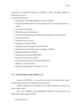 cxxviii
Automáticos de Chamadas, Discadores Automáticos, URAs, Gravadores Digitais de
Chamadas entre outros.
Características Funcionais:
• Entrada para 4 ou 8 linhas telefônicas ou ramais analógicos;
• Recepção de Identificação de Assinante quando houver a facilidade na linha ou no
ramal;
• Gravação de conversação;
• Reproduz mensagens pré-gravadas;
• Controle total por programação de atendimento, desligamento, tempo de flash;
• Cancelamento de eco;
• Conferência de 2 a 8 canais;
• Discagem em PULSO ou TOM;
• Reconhecimento de discagem em PULSO e TOM;
• Reconhecimento de discagem sobre a mensagem em DTMF;
• Impedância de Entrada: 600 Ohms;
• Identificação de chamada: DTMF/MFP;
• Formato de Gravação: Wave/GSM;
• Canais por placa: 4 ou 8 (com módulo VB0408EXP)
• Dimensões: A-100, P-175mm;
• Interface com Barramento: PCI 32 bits - 3.3V / 5V
7.7.4 – SWITCH EDGE-CORE ES3550YA [35]
Edge-core ES3550YA é um switch mix-stackable com duas portas Gigabit
Combo com duas portas extras de RJ-45 para empilhamento.
Pode ser empilhado em até 4 unidades com um total 192 portas Fast Ethernet e 16
portas Gigabit combo.
Este switch empilhável tem funcionalidades importantes como segurança, alta
flexibilidade e QoS avançado na borda.
• Características L2:
 