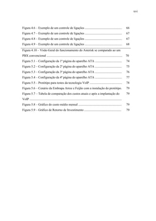 xvi
Figura 4.6 – Exemplo de um controle de ligações ............................................... 66
Figura 4.7 – Exemplo de um controle de ligações ............................................... 67
Figura 4.8 – Exemplo de um controle de ligações ............................................... 67
Figura 4.9 – Exemplo de um controle de ligações ............................................... 68
Figura 4.10 – Visão Geral do funcionamento do Asterisk se comparado ao um
PBX convencional ................................................................................................ 70
Figura 5.1 – Configuração da 1ª página do aparelho ATA .................................. 74
Figura 5.2 – Configuração da 2ª página do aparelho ATA .................................. 75
Figura 5.3 – Configuração da 3ª página do aparelho ATA .................................. 76
Figura 5.4 – Configuração da 4ª página do aparelho ATA .................................. 77
Figura 5.5 – Protótipo para testes da tecnologia VoIP ......................................... 78
Figura 5.6 – Cenário da Embrapa Arroz e Feijão com a instalação do protótipo. 79
Figura 5.7 – Tabela de comparação dos custos atuais e após a implantação do
VoIP .....................................................................................................................
79
Figura 5.8 – Gráfico do custo médio mensal ....................................................... 79
Figura 5.9 – Gráfico de Retorno de Investimento ............................................... 79
 
