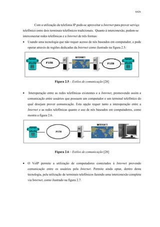xxiv
Com a utilização da telefonia IP pode-se aproveitar a Internet para prover serviço
telefônico entre dois terminais telefônicos tradicionais. Quanto à interconexão, podem-se
interconectar redes telefônicas e a Internet de três formas:
• Usando uma tecnologia que não requer acesso de nós baseados em computador, e pode
operar através de regiões dedicadas da Internet como ilustrado na figura 2.5:
Figura 2.5 – Estilos de comunicação [28]
• Interoperação entre as redes telefônicas existentes e a Internet, promovendo assim a
comunicação entre usuários que possuem um computador e um terminal telefônico do
qual desejam prover comunicação. Esta opção requer tanto a interoperação entre a
Internet e as redes telefônicas quanto o uso de nós baseados em computadores, como
mostra a figura 2.6.
Figura 2.6 – Estilos de comunicação [28]
• O VoIP permite a utilização de computadores conectados à Internet provendo
comunicação entre os usuários pela Internet. Permite ainda optar, dentro desta
tecnologia, pela utilização de terminais telefônicos fazendo uma interconexão completa
via Internet, como ilustrado na figura 2.7.
 