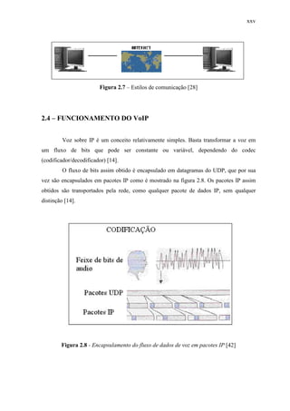 xxv
Figura 2.7 – Estilos de comunicação [28]
2.4 – FUNCIONAMENTO DO VoIP
Voz sobre IP é um conceito relativamente simples. Basta transformar a voz em
um fluxo de bits que pode ser constante ou variável, dependendo do codec
(codificador/decodificador) [14].
O fluxo de bits assim obtido é encapsulado em datagramas do UDP, que por sua
vez são encapsulados em pacotes IP como é mostrado na figura 2.8. Os pacotes IP assim
obtidos são transportados pela rede, como qualquer pacote de dados IP, sem qualquer
distinção [14].
Figura 2.8 - Encapsulamento do fluxo de dados de voz em pacotes IP [42]
 