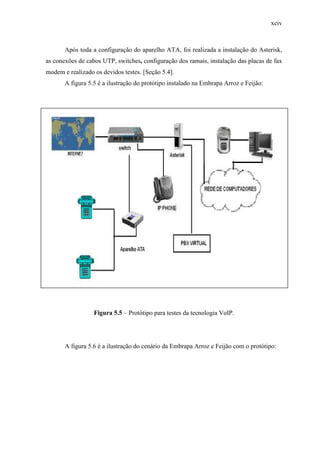 xciv
Após toda a configuração do aparelho ATA, foi realizada a instalação do Asterisk,
as conexões de cabos UTP, switches, configuração dos ramais, instalação das placas de fax
modem e realizado os devidos testes. [Seção 5.4].
A figura 5.5 é a ilustração do protótipo instalado na Embrapa Arroz e Feijão:
Figura 5.5 – Protótipo para testes da tecnologia VoIP.
A figura 5.6 é a ilustração do cenário da Embrapa Arroz e Feijão com o protótipo:
 