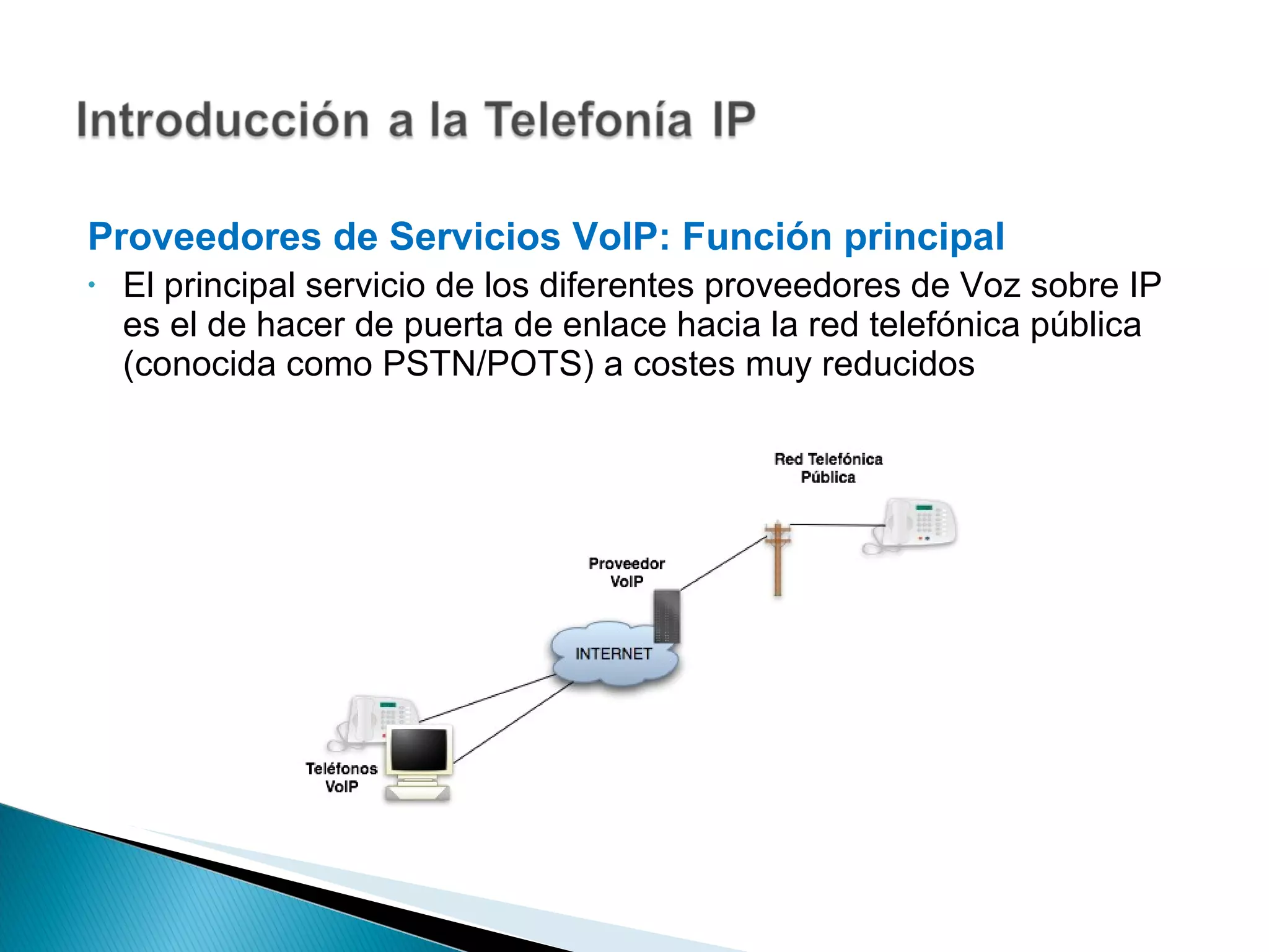 Proveedores de Servicios VoIP: Función principal El principal servicio de los diferentes proveedores de Voz sobre IP es el de hacer de puerta de enlace hacia la red telefónica pública (conocida como PSTN/POTS) a costes muy reducidos 