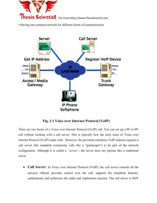 For more Https://www.ThesisScientist.com
• Having one common network for different forms of communication
Fig. 1.1 Voice over Internet Protocol (VoIP)
There are two forms of a Voice over Internet Protocol (VoIP) call. You can set up a PC-to-PC
call without working with a call server. This is typically how the early users of Voice over
Internet Protocol (VoIP) made calls. However, the prevalent enterprise VoIP solution requires a
call server (the standards community calls this a “gatekeeper”) to be part of the network
configuration. Although it is called a “server”, the server does not operate like a traditional
server.
 Call Server: In Voice over Internet Protocol (VoIP), the call server controls all the
services offered, provides control over the call, supports the telephone features,
authenticates and authorizes the caller and implements security. The call server is NOT
 