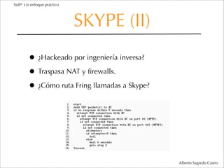 VoIP: Un enfoque práctico




                            SKYPE (II)
        • ¿Hackeado por ingeniería inversa?
        • Traspasa NAT y ﬁrewalls.
        • ¿Cómo ruta Fring llamadas a Skype?




                                               Alberto Sagredo Castro
 