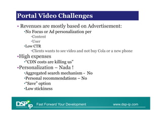 Video Challenges
Portal Video Challenges
• Revenues are mostly based on Advertisement:
   •No Focus or Ad personalization per
       Content
       User
   •Low CTR
       Clients wants to see video and not buy Cola or a new phone
•High expenses
   •“CDN costs are killing us”
•Personalization – Nada !
   •Aggregated search mechanism - No
   •Personal recommendations – No
   •“Save” option
   •Low stickiness


          Fast Forward Your Development              www.dsp-ip.com
 