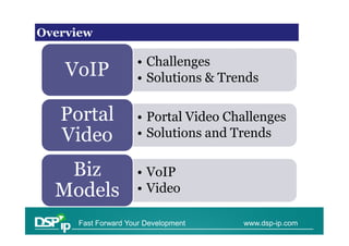 Overview

                    • Challenges
    VoIP            • Solutions & Trends

   Portal           • Portal Video Challenges
   Video            • Solutions and Trends

   Biz              • VoIP
  Models            • Video

     Fast Forward Your Development   www.dsp-ip.com
 