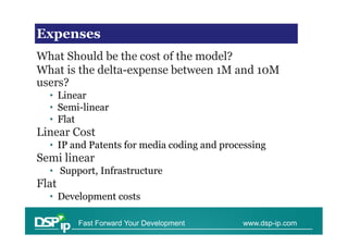 Financial issues in scaling
Expenses
What Should be the cost of the model?
What is the delta-expense between 1M and 10M
users?
  • Linear
  • Semi-linear
  • Flat
Linear Cost
  • IP and Patents for media coding and processing
Semi linear
  • Support, Infrastructure
Flat
  • Development costs

        Fast Forward Your Development       www.dsp-ip.com
 