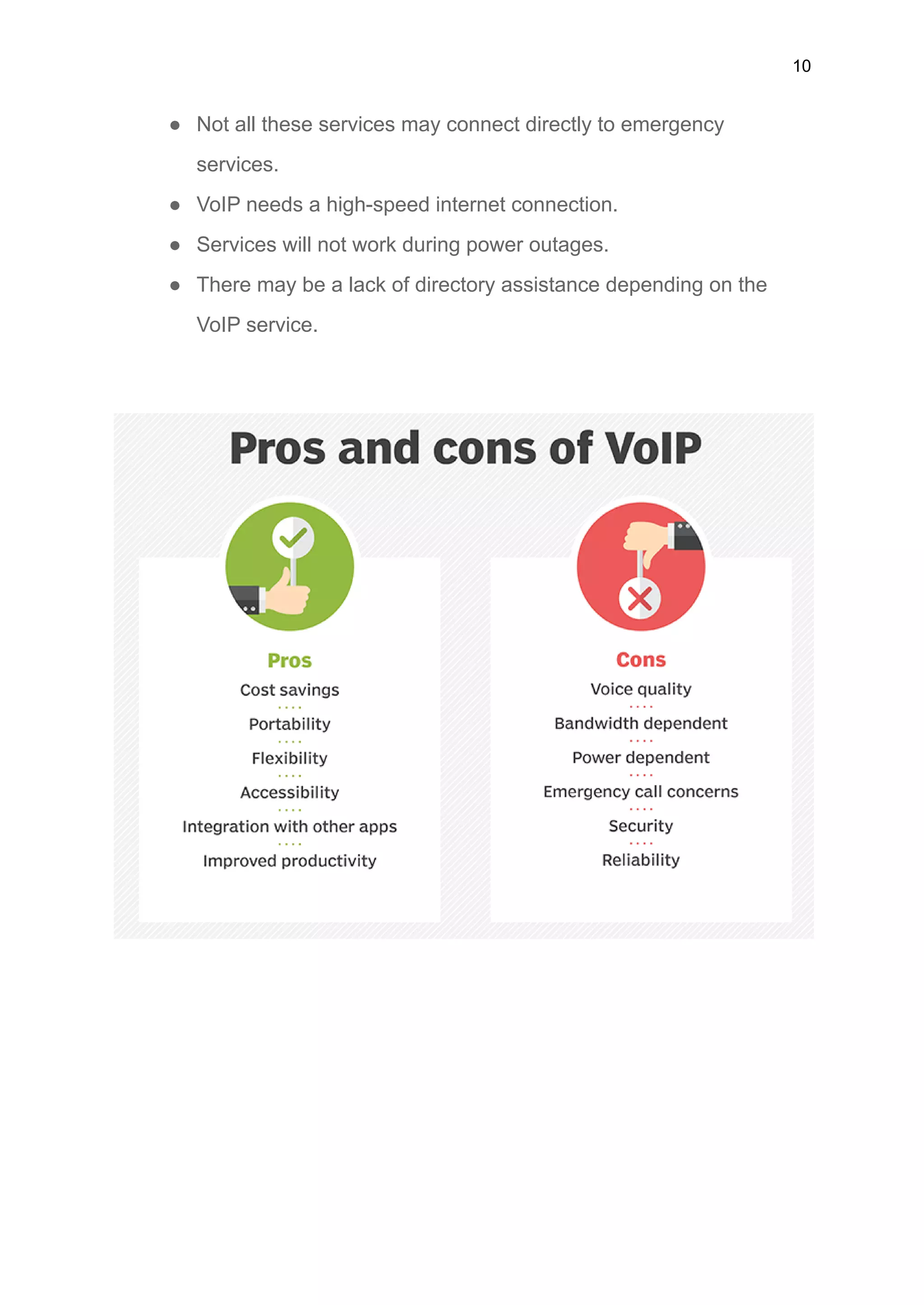 10
● Not all these services may connect directly to emergency
services.
● VoIP needs a high-speed internet connection.
● Services will not work during power outages.
● There may be a lack of directory assistance depending on the
VoIP service.
 
