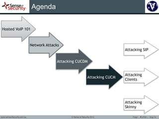 Agenda 
www.senseofsecurity.com.au © Sense of Security 2014 Page 4 
of 60 – Aug-14 
Hosted VoIP 101 
Network Attacks 
Attacking CUCDM 
Attacking CUCM 
Attacking SIP 
Attacking 
Clients 
Attacking 
Skinny 
 