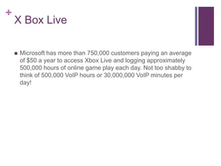 X Box LiveMicrosoft has more than 750,000 customers paying an average of $50 a year to access Xbox Live and logging approximately 500,000 hours of online game play each day. Not too shabby to think of 500,000 VoIP hours or 30,000,000 VoIP minutes per day!