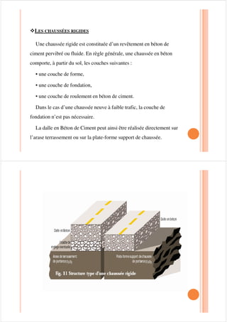 ™ Les chaussées souples
C’est une structure de chaussée dans laquelle l’ensemble des
couches liées qui la constituent, sont traitées aux liants hydrocarbonés.
La couche de fondation et/ou la couche de base peuvent être
constituées de grave non traitée.constituées de grave non traitée.
Dans le cas d’une chaussée neuve à faible trafic, la structure type est
illustrée sur la figure suivante: .
 