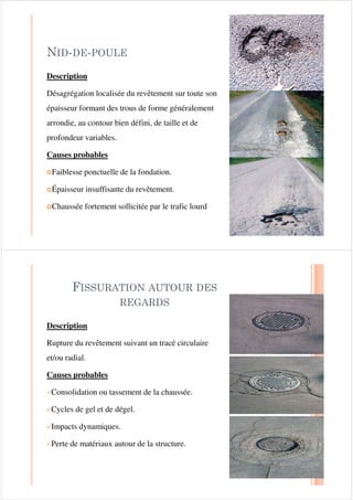 ),6685(6 (1 $55(/$*(
DescriptionDescription
Rupture du revêtement sur des superficies plus ou
moins étendues, formant un patron de fissuration à
petites mailles polygonales dont la dimension
moyenne est de l’ordre de 300 mm ou moins.moyenne est de l’ordre de 300 mm ou moins.
Causes probablesCauses probables
|Fatigue (ex. : épaisseur de revêtement
insuffisante).
|Vieillissement de la chaussée (oxydation et
fragilisation du bitume dans l’enrobé).
|Capacité portante insuffisante
251,Ë5( ­ )$,%/( 5$21
DescriptionDescription
Dépression longitudinale simple, double et parfois triple,
de l’ordre de 250 mm de largeur, située dans les pistes de
roues .Le profil transversal de ces dépressions est souvent
similaire à des traces de pneus simples ou jumelés.
Causes probablesCauses probables
|Enrobé à stabilité réduite par temps chaud (ex. : bitume
trop mou ou surdosage).
|Enrobé trop faible pour bien résister au trafic lourd
|Compactage insuffisant de l’enrobé lors de la mise en
place (postcompactage).
|Usure de l’enrobé en surface (abrasion)
 
