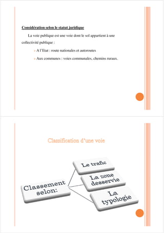 Considération selon le statut juridique
La voie publique est une voie dont le sol appartient à une
collectivité publique :
¾ A l’Etat : route nationales et autoroutes
¾ Aux communes : voies communales, chemins ruraux.¾ Aux communes : voies communales, chemins ruraux.
 