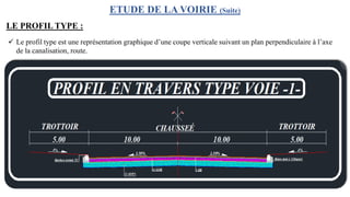 ETUDE DE LA VOIRIE (Suite)
LE PROFIL TYPE :
 Le profil type est une représentation graphique d’une coupe verticale suivant un plan perpendiculaire à l’axe
de la canalisation, route.
 