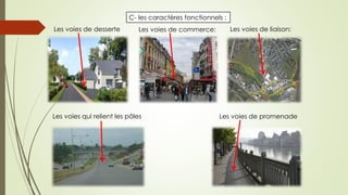 C- les caractères fonctionnels :
Les voies de desserte Les voies de commerce: Les voies de liaison:
Les voies qui relient les pôles Les voies de promenade
 