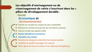 Les objectifs d’aménagement ou de
réaménagement de voirie s’inscrivent dans les 3
piliers du développement durable :
-Social
-Economique et
-Environnemental
 Prendre en compte les usagers les plus vulnérables
 Diminuer le nombre et la gravité des accidents corporels
 Clause sociale des appels d’offre
 Rendre attractifs les commerces
 Animation des centres
 Favoriser les transports collectifs et les modes durables
 Améliorer la qualité paysagère de l’espace
 Mieux gérer les eaux de surface et les dépenses énergétiques
 