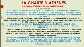 LA CHARTE D’ATHENES
DIMENSION NORMATIVE DE LA CHARTE D’ATHENES
La circulation
« Des voies de circulation doivent être classées selon leur nature et construites en fonction des
véhicules et de leurs vitesses…les croisements à fort débit seront aménagés en circulation continue
par changement de niveaux… les zones de verdure doivent isoler, en principe, les lits de la grande
circulation »[1]
Cet urbanisme fonctionnaliste organise la ville autour de la fonction se déplacer qui favorise la
voiture au centre des modes de déplacements. La rue comme espace public n’existe plus, le partage
des différents modes de déplacements n’a pas sa place.
« le piéton doit pouvoir suivre d’autres chemins que l’automobile… les rues doivent être
différenciées selon leurs destinations : rues d’habitation, rues de promenade, rues de transit, voies
maîtresses. »[1]
Selon cette charte, le principe de circulation urbaine et suburbaine doit être révisé. Un classement
des vitesses disponibles doit être fait. La réforme du zonage mettant en harmonie les fonctions
clefs de la ville créera entre celles-ci des liens naturels à l’affermissement desquels sera prévu un
réseau rationnel de grandes artères.
« Le principe de la circulation urbaine et suburbaine doit être révisé. Un classement des vitesses
disponibles doit être fait. La réforme du zonage mettant en harmonie les fonctions clefs de la ville
créera entre celles-ci des liens naturels à l’affermissement desquels sera prévu un réseau rationnel
de grandes artères. »[1]
[1]Le Corbusier, op. cit., P. 83, 85, 104
 