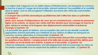 « La région doit s’appuyer sur un solide réseau d’infrastructures. Les transports en commun,
la marche à pied et l’usage de la bicyclette, doivent renforcer l’accessibilité et la mobilité
dans la région, tout en décourageant l’utilisation excessive des véhicules automobiles
»[1](article 8)
« La plupart des activités domestiques quotidiennes doit s’effectuer dans un périmètre
accessible à
pieds, pour assurer l’indépendance de ceux qui ne conduisent pas, comme les personnes
âgées et les enfants. Le réseau des voiries doit être dessiné pour encourager la marche à
pied, réduire le nombre et la longueur des déplacements automobiles et préserver
l’énergie »[1](article 12)
« A proximité des gares et stations, une occupation des sols et une densité construite
appropriées doivent permettre aux habitants et aux visiteurs d’utiliser les transports en
commun comme alternative à l’automobile »[1](article 15)
« Les activités publiques, institutionnelles et commerciales doivent être concentrées dans
les quartiers et les districts. L’emplacement et la taille des écoles doivent être définis pour
permettre un accès facile aux enfants, à pieds ou à bicyclette. »[1](article 16)
« Dans la métropole contemporaine, tout développement doit accommoder au mieux la
circulation automobile tout en respectant les piétons et l’espace public. »[1](article 22
 