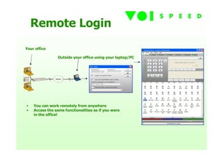 Remote Login
Your office

                Outside your office using your laptop/PC




•   You can work remotely from anywhere
•   Access the same functionalities as if you were
    in the office!
 