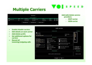 Multiple Carriers
                                   Add/edit/delete service
                                     providers:
                                       – VOIP carrier
                                       – ISDN carrier




•   Enable/disable carriers
•   Edit details on each carrier
•   Add/delete prefix
•   Set additional options for
    carriers
•   Record all
    incoming/outgoing calls
 